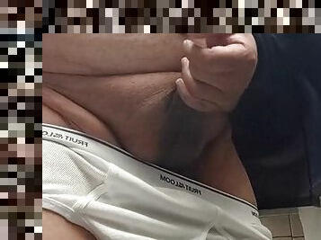 Chubby exhibitionist brother masturbates in the toilet at work