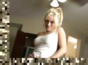 Lovely blonde Dani, wearing lace panties, shows her grinding skills