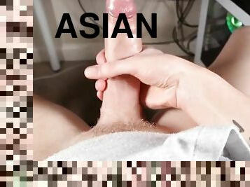 Asian guy with big cock has huge vocal orgasm
