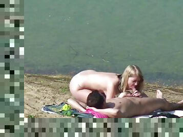 nudist, zunaj, nemke, plaža, dvojno, blond, penetracija