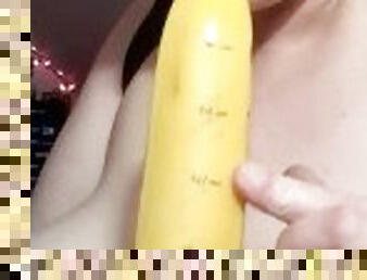 Tried so "hard" to put in 4 inches, only made it to 3! 7 inch long banana while topless!