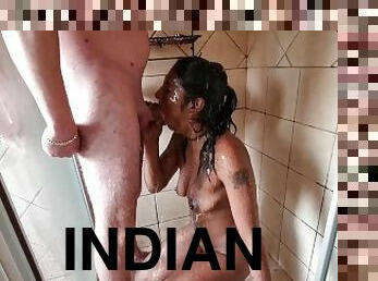 Indian girl gives me a blowjob in the shower