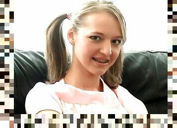 British teen in pigtails and braces strips solo