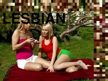 Stunning shorts-clad lesbian with big boobs getting her tight pussy licked