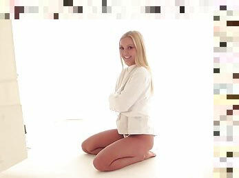Horny blond pornstar models in straight jacket and white thong
