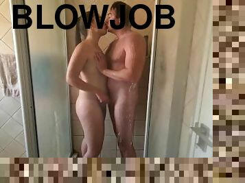 My slutty girlfriend sucking and jerking off my cock in the warm shower until I cum in her mouth