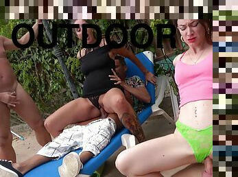 Outdoor MMF threesome by the pool with brunette Betty Coop