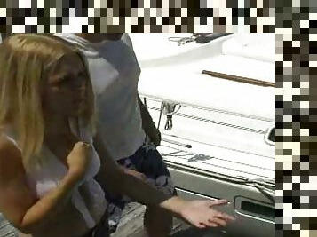 Sizzling blonde Angelyca satisfies two men on a yacht