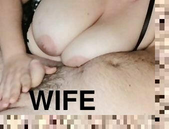 Handjob, Cum on Tits Wife. I Love It!