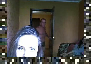 Bottomless girlfriends almost caught during webcam by their neighbor