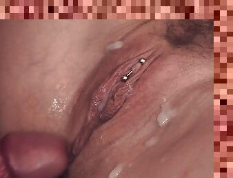 Shaved pussy with piercing ravished by a big johnson