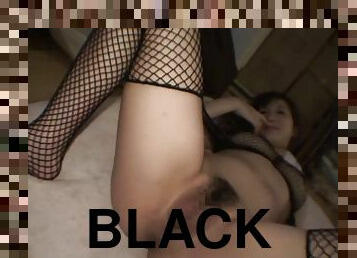 Beauty dressed up in black fishnets for an Asian fuck