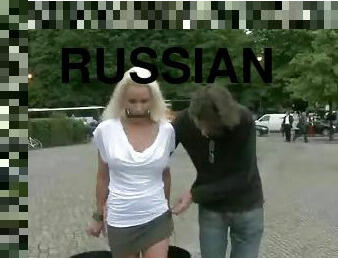 Blonde russian bitch gets humiliated in public places including a museum and gets fucked