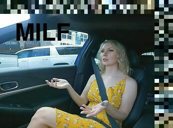 Camera in the car records blonde babe Sydney in a yellow dress