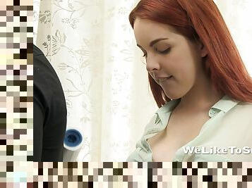 Cute redhead with long hair gives stud with big dick great blowjob indoors