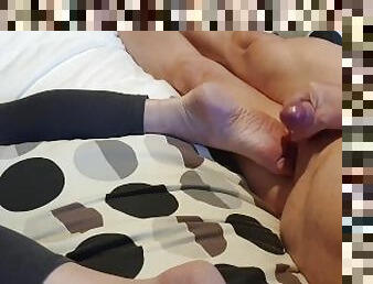 He cums on my feet. Sucking on my toes made him cum pretty fast.
