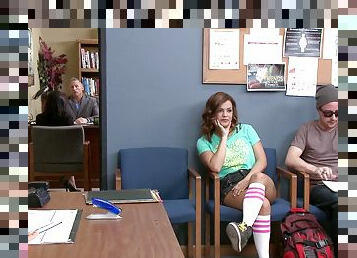 A curvy girl in knee socks fucks a guy she meets in a waiting room