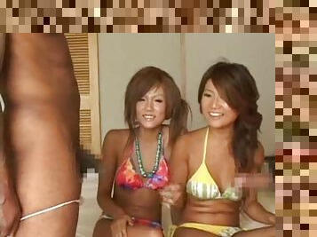 Japanese bikini girls giggle at cocks