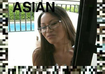 She's the nerdy Asian babe who is in love with the cowgirl rides!