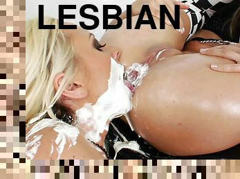 Whipped cream enemas make a lusty fucking mess in lesbian porn