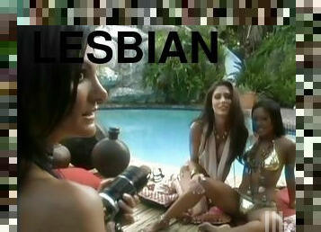 Three exotic babes are going lesbian by the pool