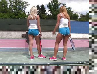 Tennis game on the court turns into a full blown lesbian groupsex action