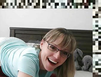 Amazing and beautiful mom with glasses and big smile on her face is doing webcam shows