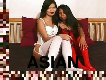 Asians in lingerie suck a hard dick together