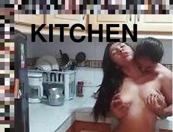 I'm touching myself very well with my best friend in the kitchen