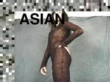 Asian in a lingerie dress flashing her hot ass and hairy pussy