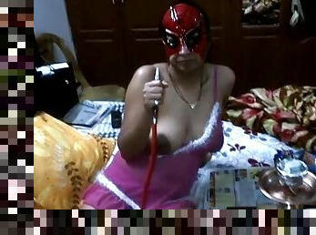 Sexy amateur in mask is smoking and masturbating