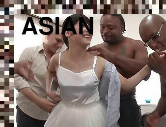 Horny Asian girl gangbanged by black and white guys