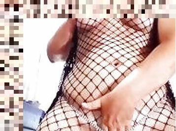 Undressing, fishnet jumpsuit and crystal panties