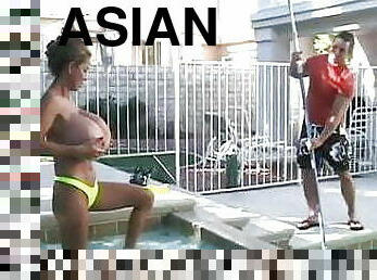 asiatique, gros-nichons, énorme, interracial, piscine, coréen, blanc