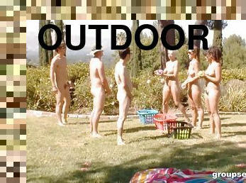Big orgy party outdoors with curvy natural tits sluts