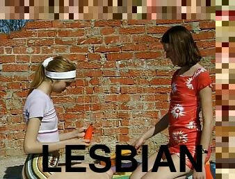Leggy lesbian teen with small tits enjoying a fabulous vibrator fuck