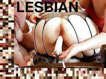 Two BBW lesbians watch their huge tits GF get machine fucked