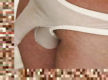 wet white see trough pants in shower with cock sheath