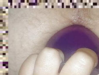 Hubby getting our big anal plug shoved in for the 1st time