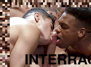 Interracial bareback and rimming with three muscular jocks