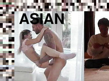 asiatique, tricherie, masturbation, énorme-bite, interracial, hardcore, secousses, natte, baisers, petite-amie