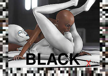 Sci-fi female alien plays with black girl in space station