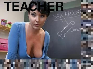 Sex ed teacher has fun flashing her sexy tits