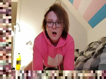 Cute femboy riding dildo while wearing cute pink hoodie