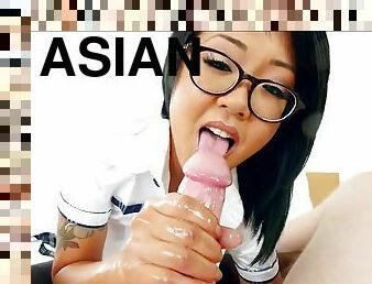 Beautiful Asian girl gets a massive facial after a long blowjob