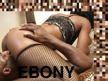 Ebony babe in fishnet stockings rides and fucks a huge cock