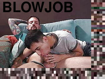 Hunky tattooed daddy barebacks and cums on Latino twink