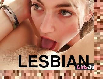Sultry lesbian teenies lick hairy pussies