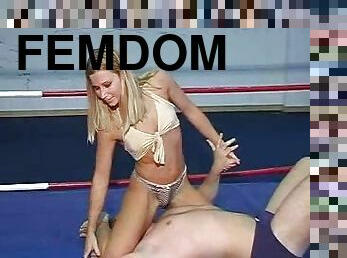 Gorgeous blonde babe with small tits wrestling a guy