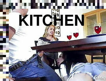 Stepfather fucks stepdaughter in the kitchen in the pussy